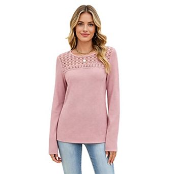Women Lace Long Sleeve Shirts Tops Casual Lightweight Mesh Crew Neck Waffle Knit Shirts