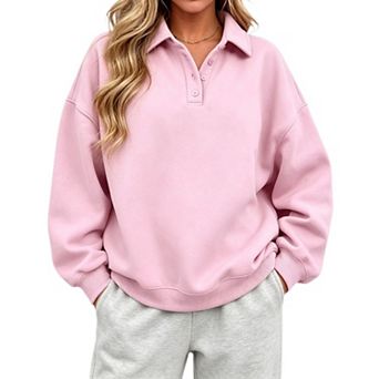 Women's Oversized Polo Collar Sweatshirt Long Sleeve Half Button Placket Fleece Pullover Top