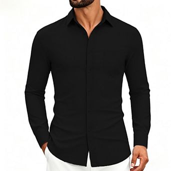 Men's Long Sleeve Linen Shirt Casual Button Down Top