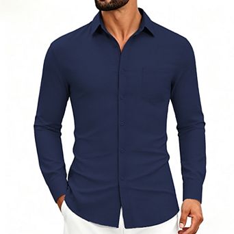 Men's Long Sleeve Linen Shirt Casual Button Down Top