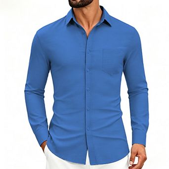 Men's Long Sleeve Linen Shirt Casual Button Down Top