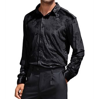 Men's Velvet Embossed Long Sleeve Dress Shirt Casual Top