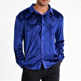 Men's Velvet Embossed Long Sleeve Dress Shirt Casual Top