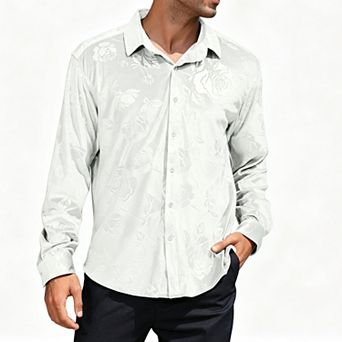 Men's Velvet Embossed Long Sleeve Dress Shirt Casual Top