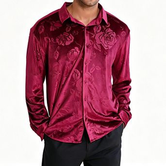 Men's Velvet Embossed Long Sleeve Dress Shirt Casual Top