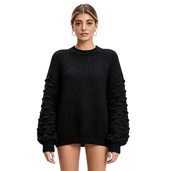 Women's Crew Neck Knit Pullover Long Loose Cute Knit Top with Lantern Sleeves