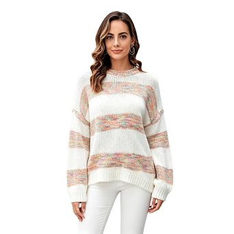 Women's Chunky Knit Striped Sweater Long Sleeve Crew Neck Loose Fit Pullover