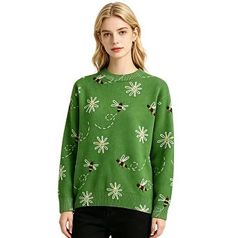 Women's Crew Neck Sweater with Bee Digital Print and Jacquard Pattern
