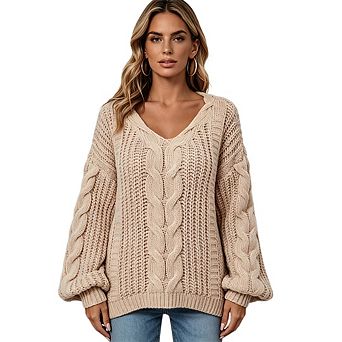 Women's Loose Fit Cable Knit Sweater Autumn V Neck Chunky Casual Pullover