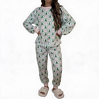 Womens Christmas Pajama Set Long Sleeve Printed Top And Jogger Pants Holiday Loungewear