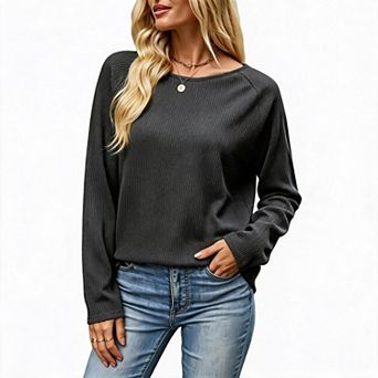 Women's Loose Long‑Sleeve Casual T‑Shirt Solid Crew Neck Pullover Top