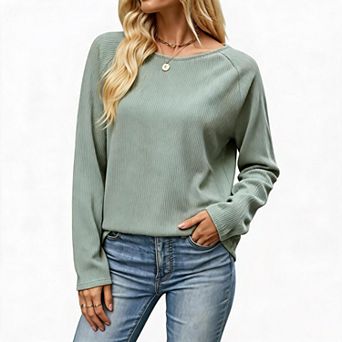 Women's Loose Long‑Sleeve Casual T‑Shirt Solid Crew Neck Pullover Top
