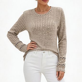 Women Casual Daily Blouse Tops Solid Color Round Neck Long Sleeve Relaxed Fit Basic T Shirts
