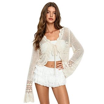 Women's Cropped Crochet Cardigan with Flared Sleeves and Tie Front Detail