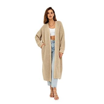 Women's Casual Loose Fit Long Knit Cardigan with Drop Shoulder Lantern Sleeves