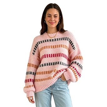 Women's Retro Color Block Chunky Knit Loose Batwing Sleeve Sweater