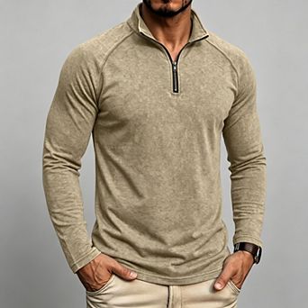 Men's Casual Long Sleeve Vintage Washed Stand Collar Quarter-Zip Henley Shirt