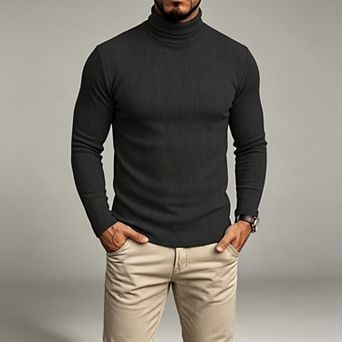 Men's Long Sleeve Ribbed Turtleneck Thermal Knit Base Layer Pullover Shirt