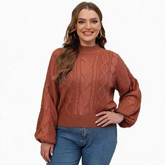 Women Plus Size Cable Knit Sweater Mock Neck Long Lantern Sleeve Cropped Pullover Top