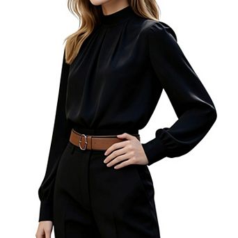 Women's Elegant Mock Neck Pleated Blouse Puff Long Sleeve Business Casual Shirt
