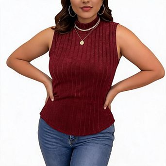 Women Plus Size Mock Neck Sleeveless Top Ribbed Knit Slim Fit Tank Blouse Shirts