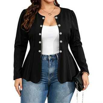 Women's Plus Size Round Neck Double‑Breasted Puff Long Sleeve Peplum Blazer Jacket
