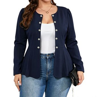 Women's Plus Size Round Neck Double‑Breasted Puff Long Sleeve Peplum Blazer Jacket