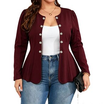 Women's Plus Size Round Neck Double‑Breasted Puff Long Sleeve Peplum Blazer Jacket