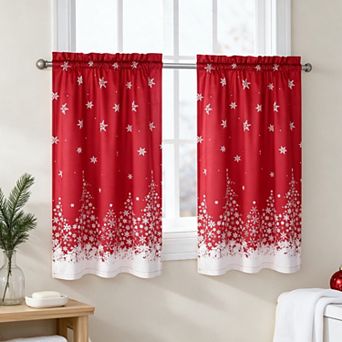 Christmas Kitchen Curtains Set of 2 Velvet Festive Red Snowflake Small Window Tier Curtains