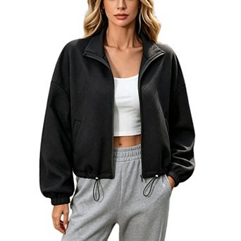 Women's Cropped Zip Up Jacket Textured Drawstring Hem Loose Long Sleeve Casual Sweatshirt Coat
