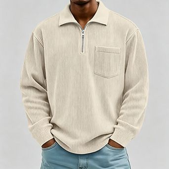 Men's Casual Corduroy Long-Sleeve Henley Polo Shirt with Zipper