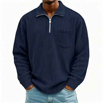 Men's Casual Corduroy Long-Sleeve Henley Polo Shirt with Zipper
