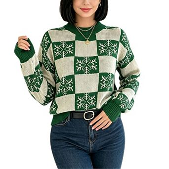 Women's Christmas Snowflake Plaid Knit Pullover, Mock‑Neck Balloon Long‑Sleeve Holiday Sweater Top