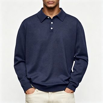 Men's Casual Long-Sleeve Polo Shirt Lightweight Comfortable Pullover Top