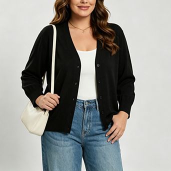 Women Plus Size Three Quarter Sleeve Lightweight Sweaters Cardigan v Neck Knitted Button-Up Cardigan