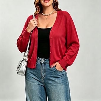 Women Plus Size Three Quarter Sleeve Lightweight Sweaters Cardigan v Neck Knitted Button-Up Cardigan