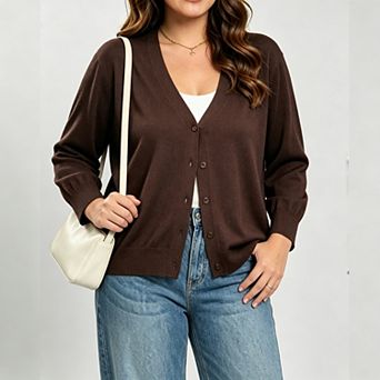 Women Plus Size Three Quarter Sleeve Lightweight Sweaters Cardigan v Neck Knitted Button-Up Cardigan