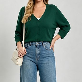 Women Plus Size Three Quarter Sleeve Lightweight Sweaters Cardigan v Neck Knitted Button-Up Cardigan