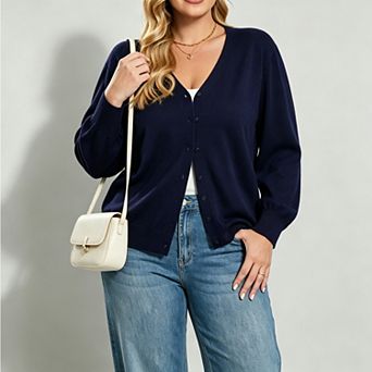 Women Plus Size Three Quarter Sleeve Lightweight Sweaters Cardigan v Neck Knitted Button-Up Cardigan