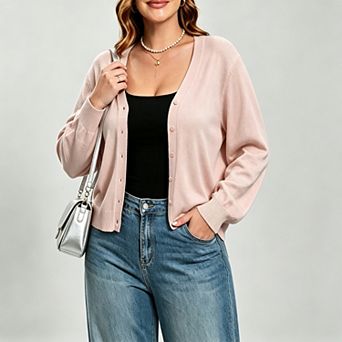 Women Plus Size Three Quarter Sleeve Lightweight Sweaters Cardigan v Neck Knitted Button-Up Cardigan