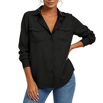 Womens Long Sleeves Button Down Blouse Collared V Neck Business Casual Shirt Tops with Pockets
