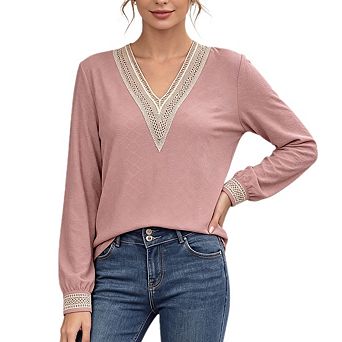 Women's Long Sleeve Shirts Lace V Neck Color Block Tops Dressy Casual Textured Blouses T Shirts