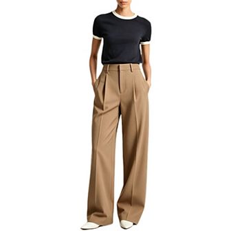 Women's High Waist Pleated Wide Leg Dress Pants Straight Leg Business Casual Trousers with Pockets