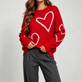 Women Long Sleeve Embroidery Heart Sweater Loose Knitted Pullover Jumper Tops
