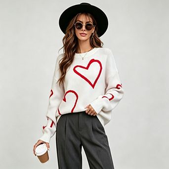 Women Long Sleeve Embroidery Heart Sweater Loose Knitted Pullover Jumper Tops
