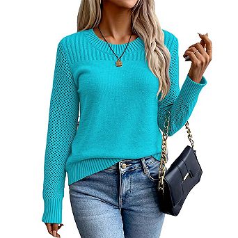 Women’s Hollow Out Knit Pullover Sweater Solid Crewneck,Long Sleeve Cozy for Fall and Winter
