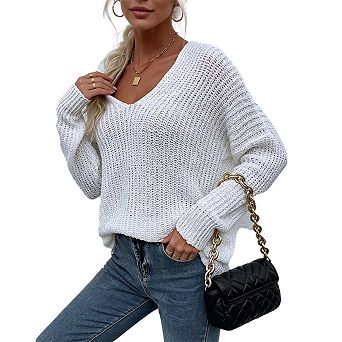 Women’s Oversized Chunky Knit Long Sleeve V-Neck Pullover Cozy Loose-Fit Sweater Top