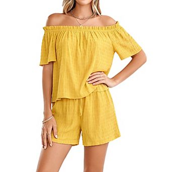 Womens 2 pc Summer Outfit Ruffle Off Shoulder Short Sleeve Top Drawstring Waist Shorts Casual Set