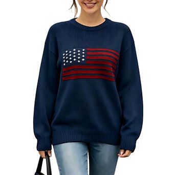 ShopWonder Women's American Flag Sweater Long Sleeved Round Neck Casual Knit Loose Pullover Top