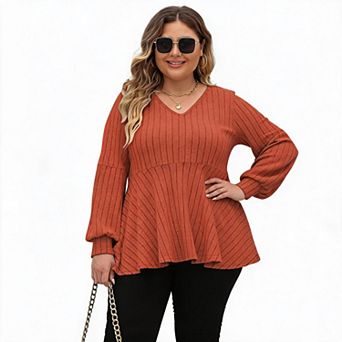 Women Plus Size V‑Neck Peplum Top Long Sleeve Ribbed Knit Casual Swing Tunic Blouse